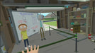 Gameplay scene from Rick and Morty: Virtual Rick-ality with Morty standing next to a teleportation schematic in the garage. Explore absurd VR mechanics—get your PC Steam CD Key from RushGame.co