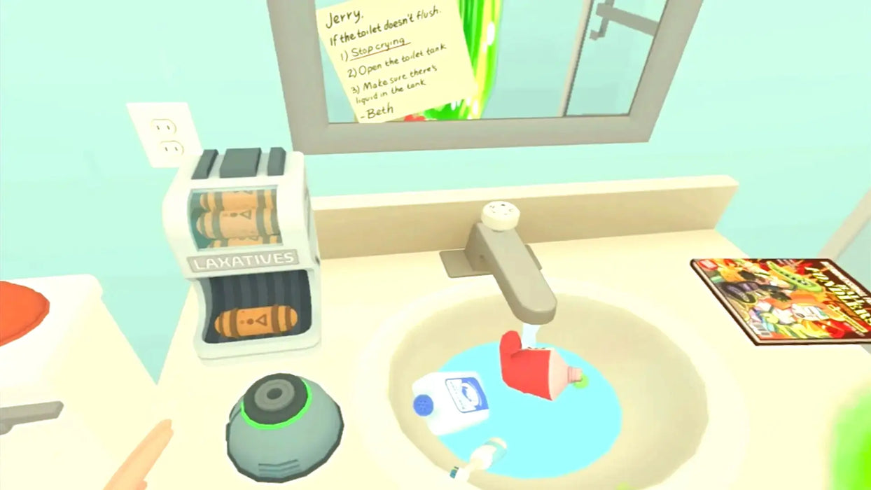 Puzzle interaction scene in Rick and Morty: Virtual Rick-ality featuring a bathroom sink filled with odd items and a laxative dispenser. Solve bizarre challenges in VR—Steam CD Key available at RushGame.co