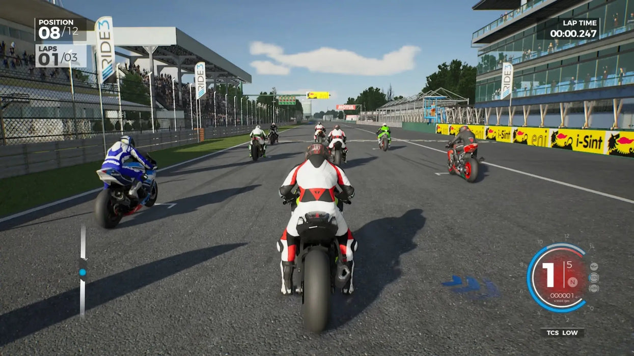 In-game screenshot from Ride 3 Gold Edition on Xbox One depicting a high-speed race, motorcyclist leaning into a sharp corner on a realistic racing track. Purchase your Xbox activation key at RushGame.co