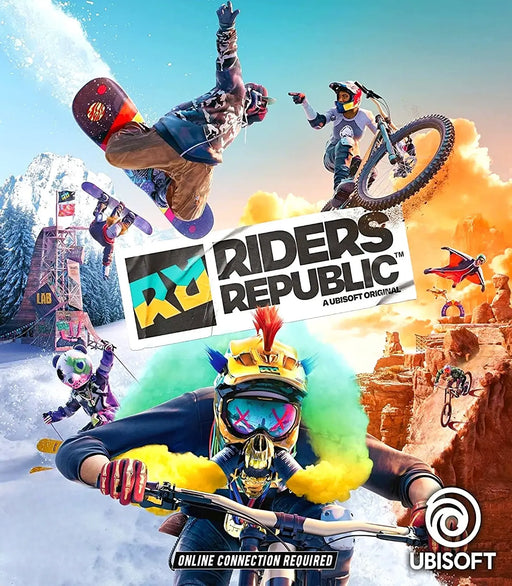 Cover image for Riders Republic on PC Ubisoft Connect, highlighting extreme sports including snowboarding, biking, wingsuit flying, and vibrant action-packed scenes. Get your activation key now at RushGame.co