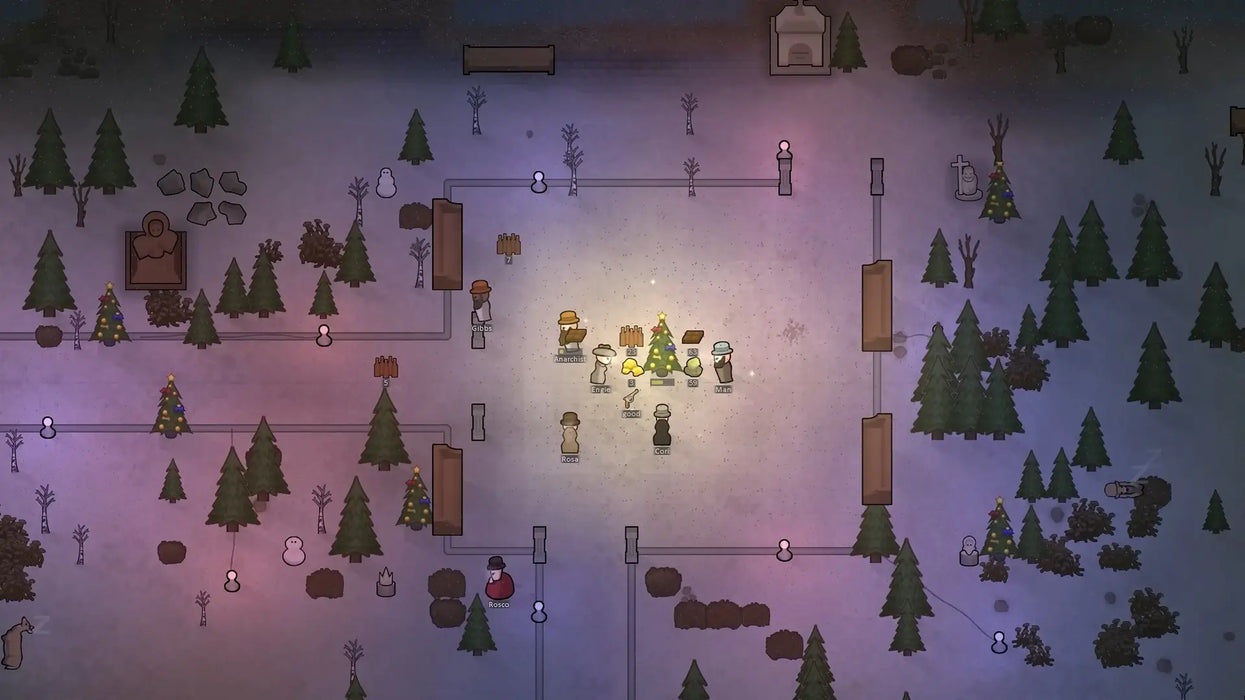 Festive gameplay scene from RimWorld Ideology DLC, colonists gathered around a decorated tree celebrating in a snowy outdoor area. Activate your Steam DLC today at RushGame.co