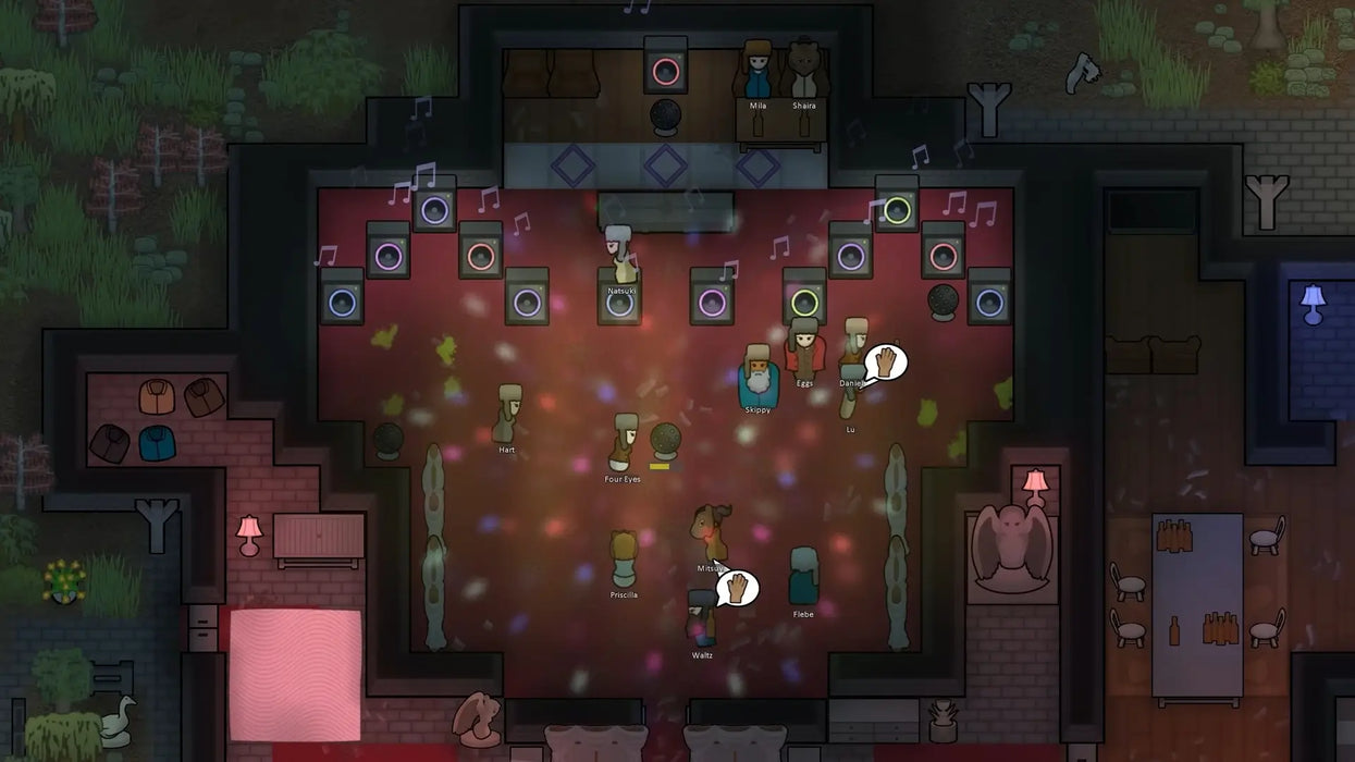 RimWorld Ideology DLC screenshot depicting colonists enjoying a lively party with music and colorful lights, enhancing community morale. Get your PC Steam key at RushGame.co