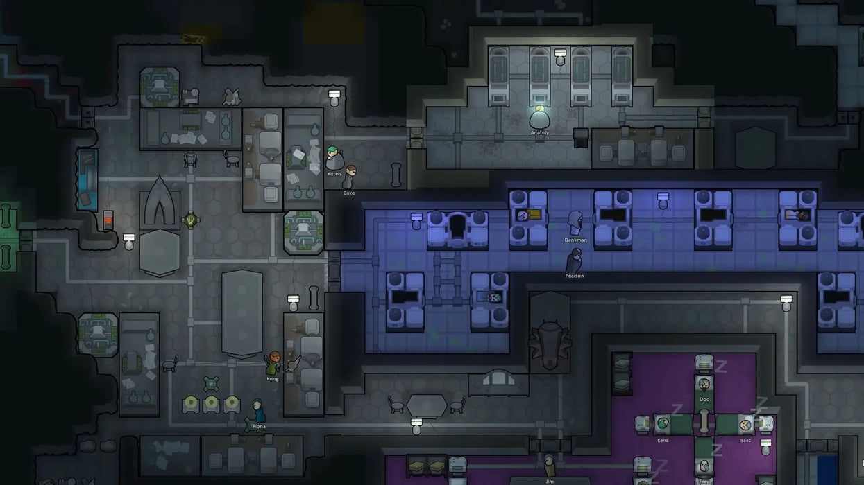 Gameplay screenshot from RimWorld Ideology DLC showing an underground colony layout with advanced rooms and colonists engaging in various tasks. Buy your DLC key now at RushGame.co