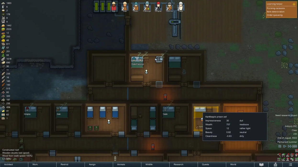 RimWorld Royalty DLC screenshot depicting nighttime colony life with colonists resting in comfortable sleeping quarters. Available now at RushGame.co