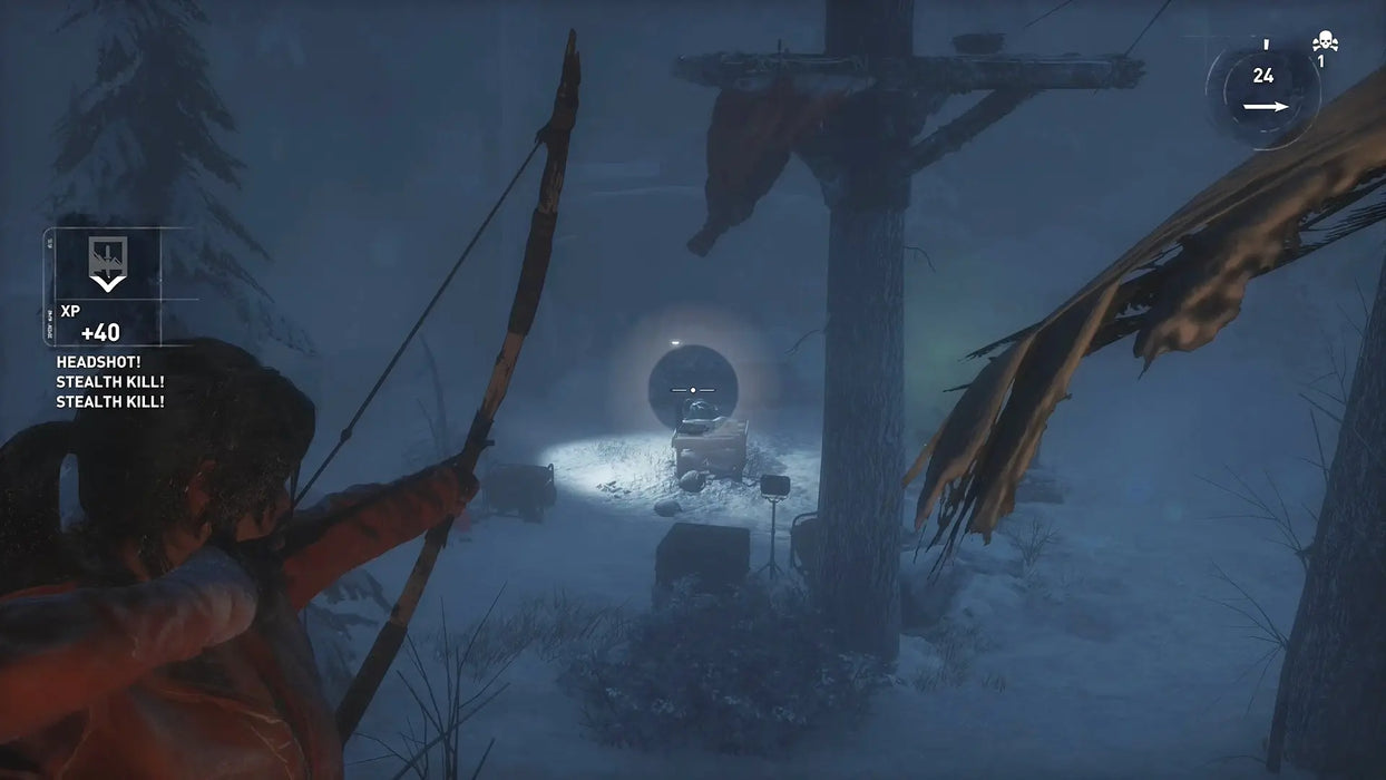 In-game screenshot from Rise of the Tomb Raider on PC Steam showing Lara Croft aiming a bow for a stealth headshot in a snowy forest at night. Buy your digital game key at RushGame.co and experience thrilling stealth action