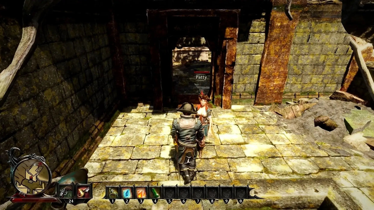 Risen 3: Titan Lords Complete Edition gameplay screenshot for PC GOG, showing the main character meeting Patty at the entrance to ancient stone ruins. Purchase your GOG CD key now at RushGame.co and join the adventure