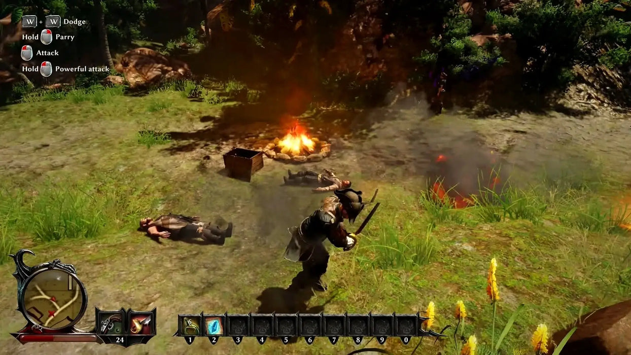 In-game image from Risen 3: Titan Lords Complete Edition on PC GOG, showing the hero fighting near a campfire surrounded by defeated enemies in a vibrant, green clearing. Get your Risen 3 digital code at RushGame.co for instant access to epic battles