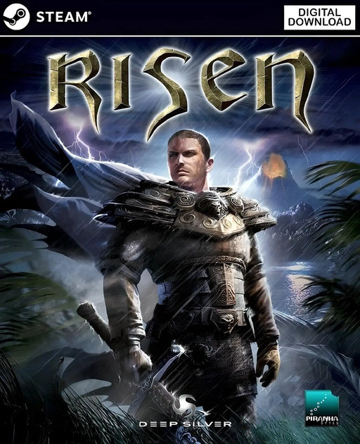 Cover art for Risen PC Steam CD Key, featuring the armored protagonist against a dramatic fantasy landscape with a volcano in the background. Get your Risen Steam key at RushGame.co and join the epic journey