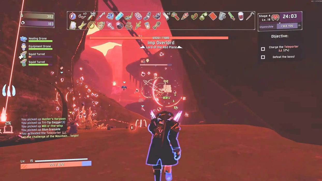 A dynamic in-game screenshot from Risk of Rain 2 on PC Steam showing a player character facing the Imp Overlord boss in a vivid, red-lit environment. Buy your Risk of Rain 2 Steam CD Key at RushGame.co for instant access to this roguelike action gameplay
