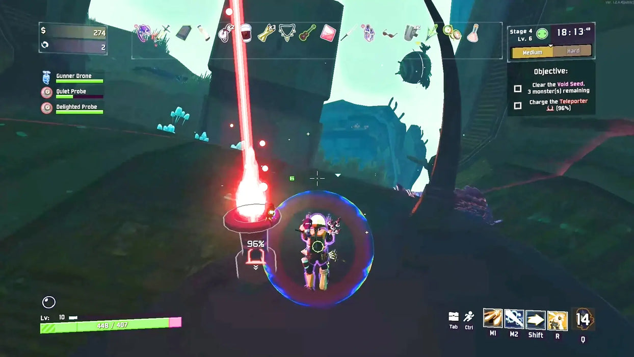 Gameplay image from Risk of Rain 2 on PC Steam, featuring the player activating a teleporter in a lush, alien landscape with interface and items visible. Get your digital Risk of Rain 2 Steam key now at RushGame.co and jump into fast-paced co-op action