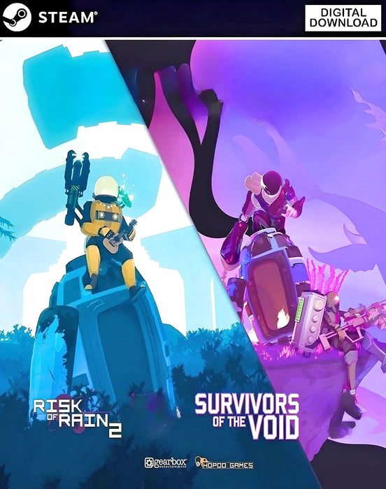Cover art for Risk of Rain 2 + Survivors of the Void Bundle PC Steam CD Key, highlighting both the classic and new DLC content in vibrant blue and purple colors. Buy your Steam bundle key today at RushGame.co for the ultimate roguelike experience