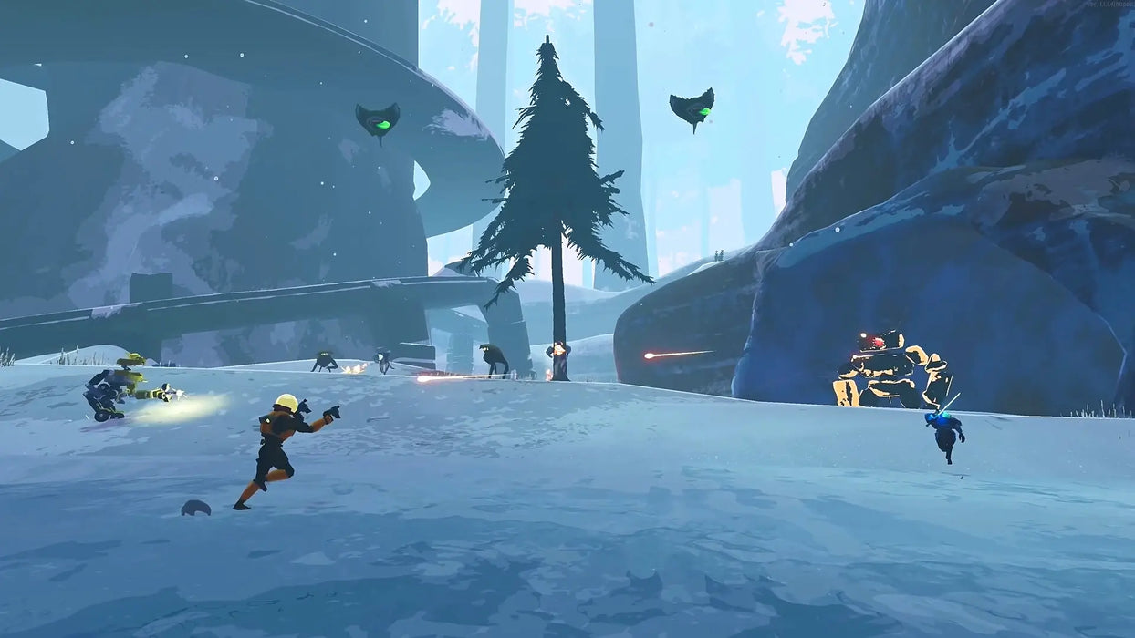 Action-packed screenshot from Risk of Rain 2 – Survivors of the Void DLC on Steam, with a team of survivors fighting robotic and alien enemies in a snowy forest environment. Unlock the full DLC content now at RushGame.co with your global Steam CD key