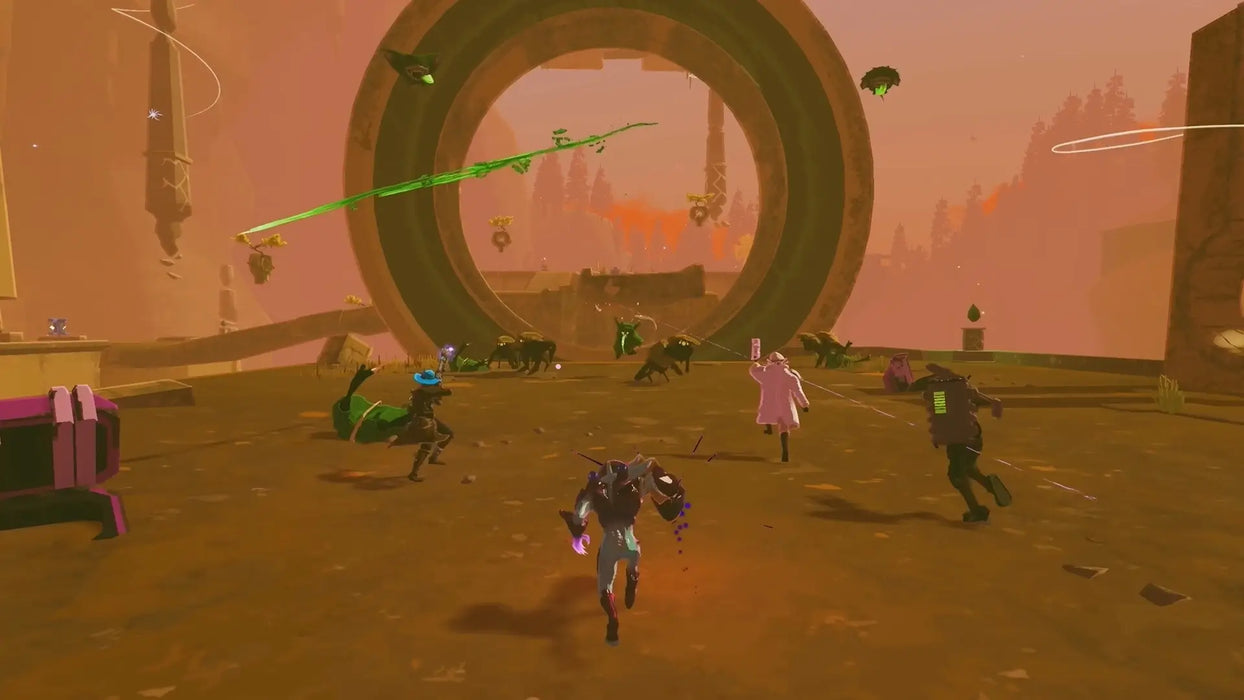 In-game screenshot from Risk of Rain 2 – Survivors of the Void DLC on Steam, showing multiple survivors battling hordes of monsters in a surreal alien environment with a giant portal. Purchase your Risk of Rain 2 DLC Steam CD key at RushGame.co and join the ultimate co-op action