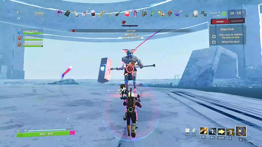 Intense gameplay screenshot from Risk of Rain 2 on Xbox Series X|S, showing the player character facing the boss Mithrix in a futuristic arena. Purchase your Risk of Rain 2 Xbox digital key at RushGame.co and join the epic battle