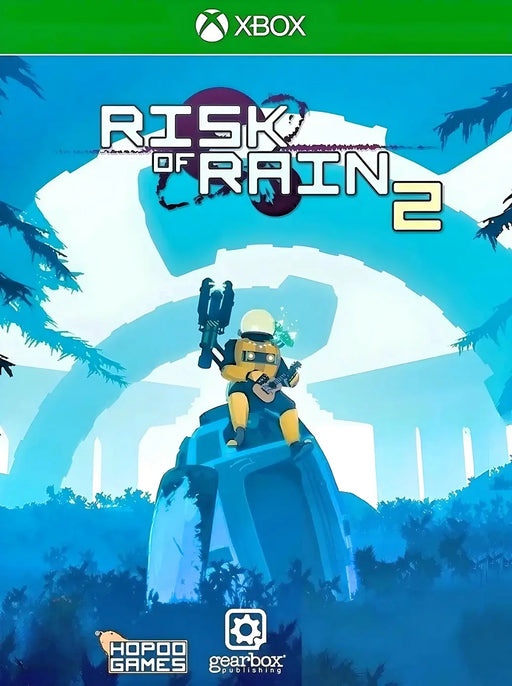 Cover art for Risk of Rain 2 on Xbox One and Xbox Series X|S, highlighting the iconic survivor sitting on a crashed pod in a vibrant blue forest. Buy your Risk of Rain 2 Xbox CD Key US now at RushGame.co for secure and fast delivery