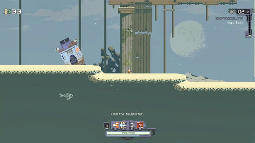 Gameplay screenshot from Risk of Rain Returns for PC Steam, depicting the player traversing a moonlit beach with a crashed pod in the background. Buy your Risk of Rain Returns Steam CD Key now at RushGame.co for instant access.