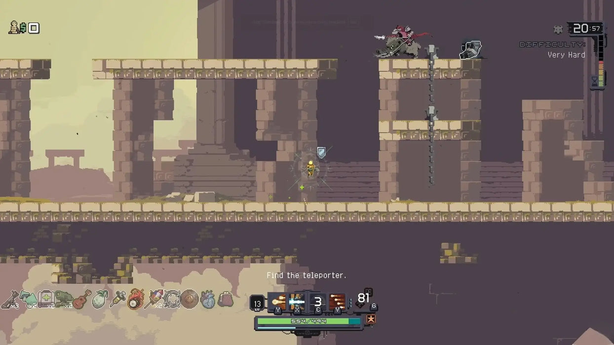 Classic pixel-art gameplay screenshot from Risk of Rain Returns on PC Steam, showing the player navigating ancient ruins and avoiding enemies. Get your Risk of Rain Returns Steam CD Key at RushGame.co for retro roguelike action