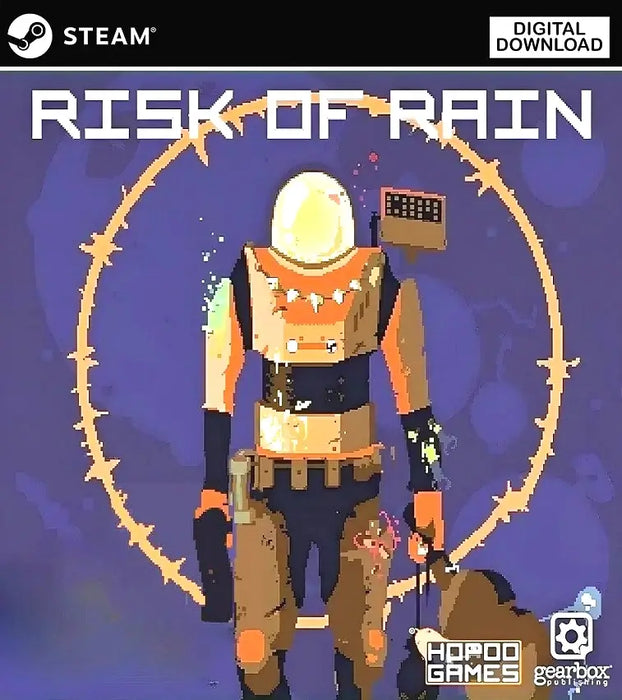 Cover art for Risk of Rain on Steam, displaying the iconic pixel-art survivor in a spacesuit standing against a cosmic background. Get your Risk of Rain Steam Key now at RushGame.co and unlock classic indie roguelike gameplay