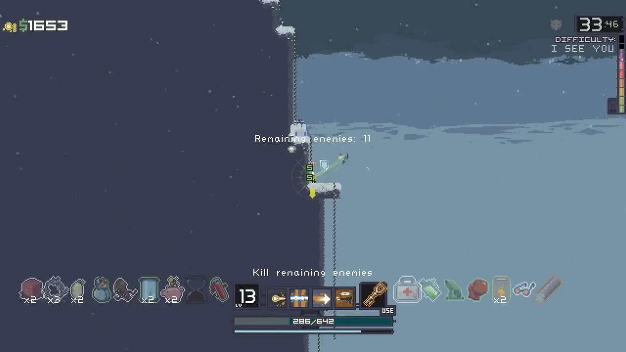 Gameplay screenshot from Risk of Rain on Steam, with the player scaling a snowy cliffside as they eliminate remaining enemies. Experience Risk of Rain on Steam with an instant key from RushGame.co