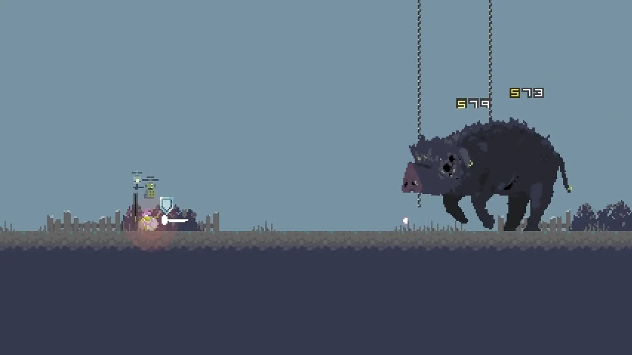Gameplay image from Risk of Rain for Steam, featuring a boss battle against a giant boar enemy on an open plain. Buy your digital Risk of Rain Steam Key at RushGame.co for instant access to pixel-art adventures