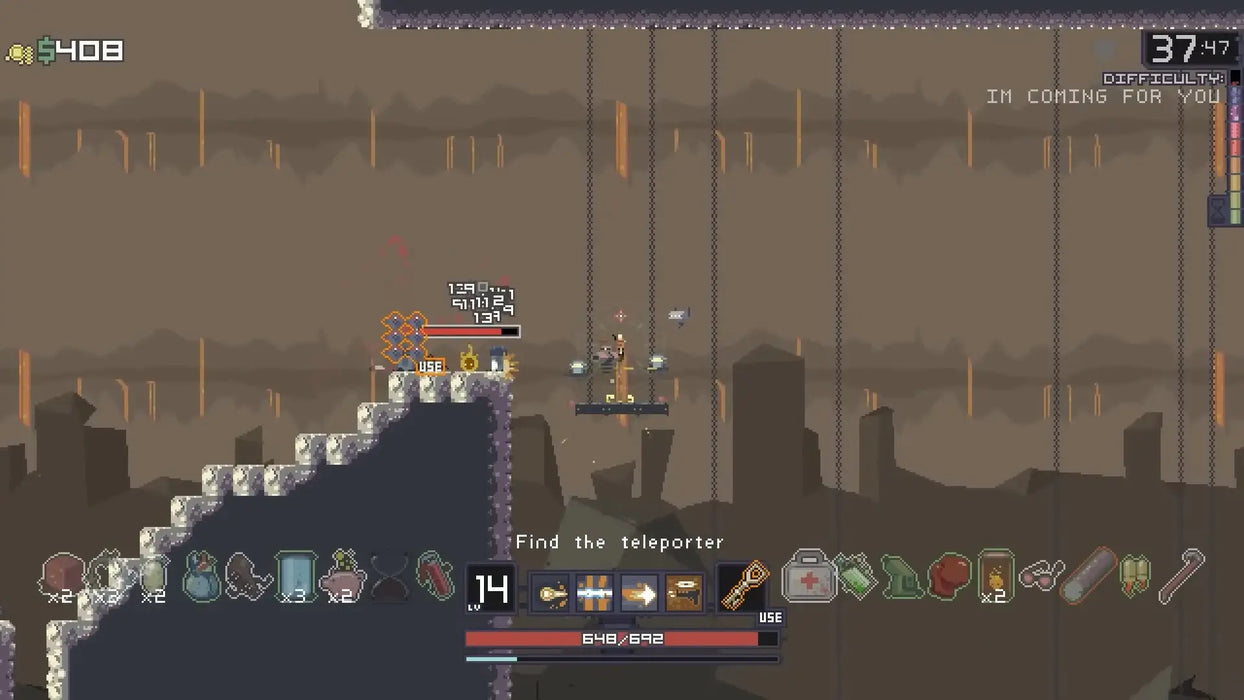 In-game screenshot from Risk of Rain on Steam, showing the player using an elevator platform to navigate a cavernous level filled with enemies. Purchase your Risk of Rain Steam Key at RushGame.co for retro roguelike platforming action