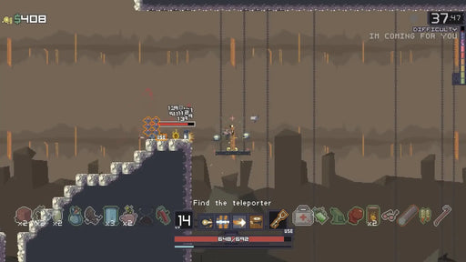 In-game screenshot from Risk of Rain on Steam, showing the player using an elevator platform to navigate a cavernous level filled with enemies. Purchase your Risk of Rain Steam Key at RushGame.co for retro roguelike platforming action