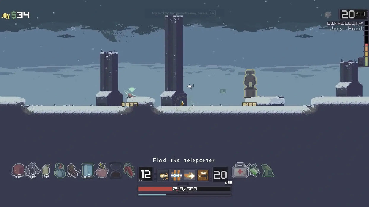 In-game image from Risk of Rain for Xbox One, showing the player exploring a snowy platform environment with various power-ups and teleporter markers. Unlock Risk of Rain on Xbox One with a digital CD Key from RushGame.co