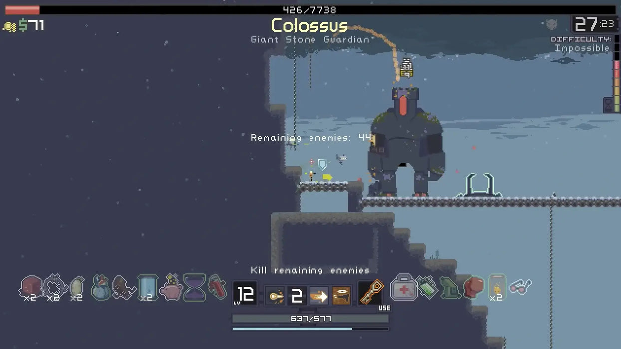 Gameplay screenshot from Risk of Rain on Xbox One, featuring a player facing the Colossus boss, a giant stone guardian, in a snowy level. Buy your Risk of Rain Xbox One CD Key at RushGame.co and experience classic roguelike action.