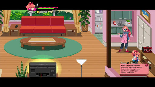 Gameplay screenshot from River City Girls 2 on PC Steam, showing Kyoko and her mom in a cozy, pixel-art living room setting. Unlock River City Girls 2 on Steam with a CD Key from RushGame.co and enjoy colorful, story-driven action