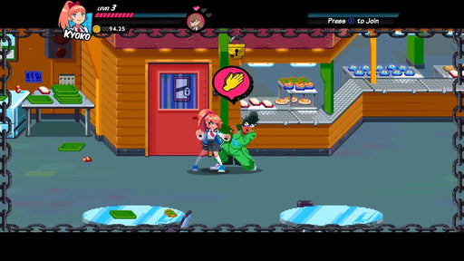 Gameplay screenshot from River City Girls on Steam, featuring Kyoko teaming up with a defeated enemy in a colorful food court area. Buy your River City Girls Steam CD Key at RushGame.co and experience pixel-art beat 'em up fun instantly