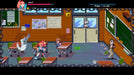 Gameplay screenshot from River City Girls on Steam, with Kyoko fighting inside a classroom filled with students and a surprised teacher. Unlock River City Girls on Steam using a CD Key from RushGame.co and enjoy retro brawler gameplay