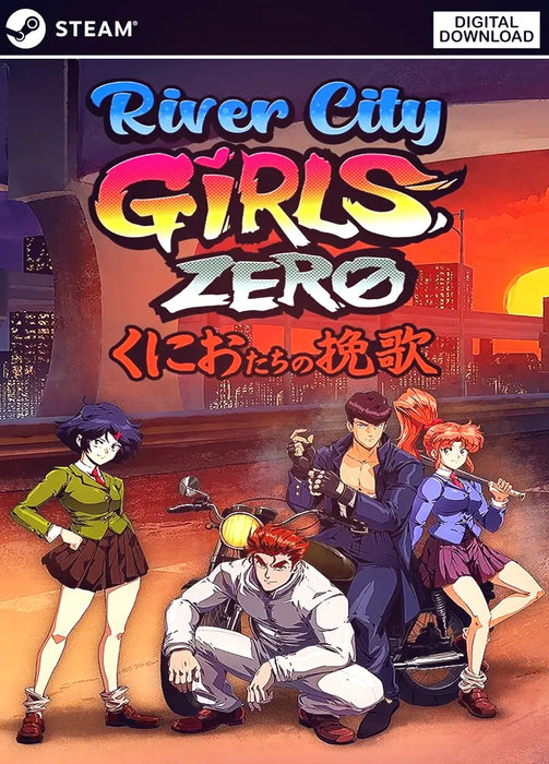 Official cover art for River City Girls Zero Steam CD Key, featuring the main characters in anime style with a city sunset background. Get your River City Girls Zero digital game code quickly and safely at RushGame.co