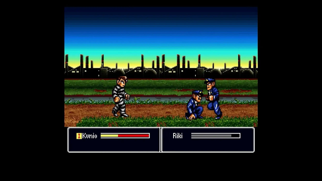 Gameplay screenshot from River City Girls Zero on Steam displaying a prison fight scene with pixel-art characters battling in an industrial landscape. Unlock River City Girls Zero for Steam instantly with a digital CD Key from RushGame.co