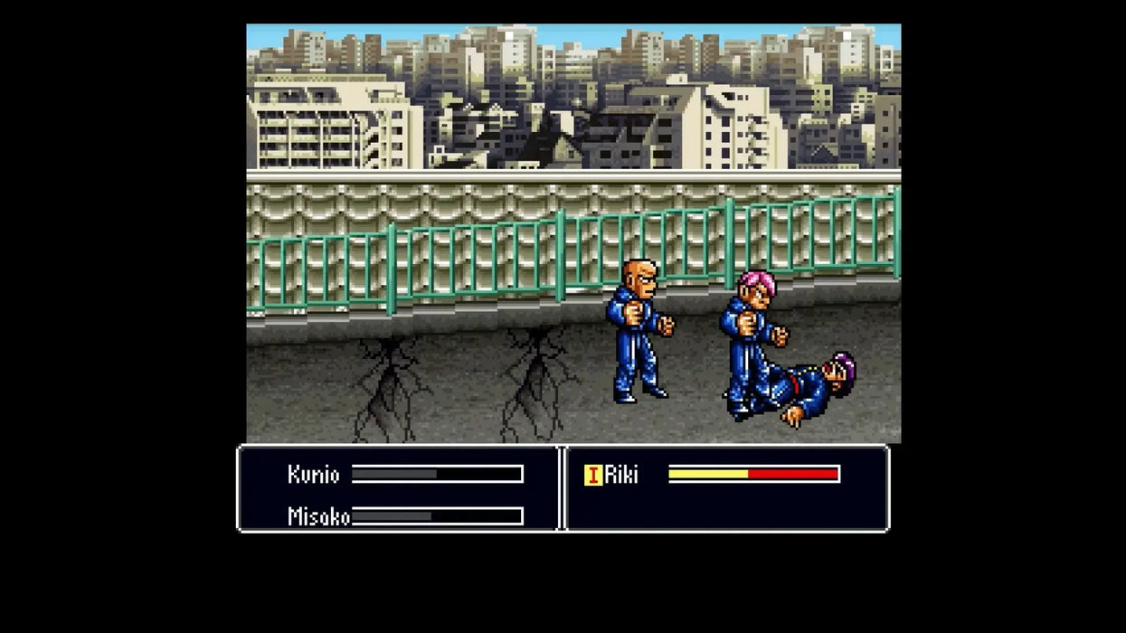 River City Girls Zero Steam gameplay screenshot featuring intense street combat between multiple characters on a bridge with city buildings in the background. Purchase River City Girls Zero Steam Key from RushGame.co for fast and secure game code delivery