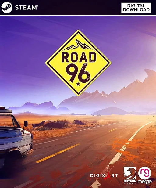 Cover art for Road 96, featuring a yellow road sign and an open highway stretching towards the mountains. Purchase your Road 96 Steam CD Key on RushGame.co for secure, instant digital delivery and enjoy this unique adventure game