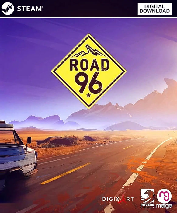 Cover art for Road 96, featuring a yellow road sign and an open highway stretching towards the mountains. Purchase your Road 96 Steam CD Key on RushGame.co for secure, instant digital delivery and enjoy this unique adventure game