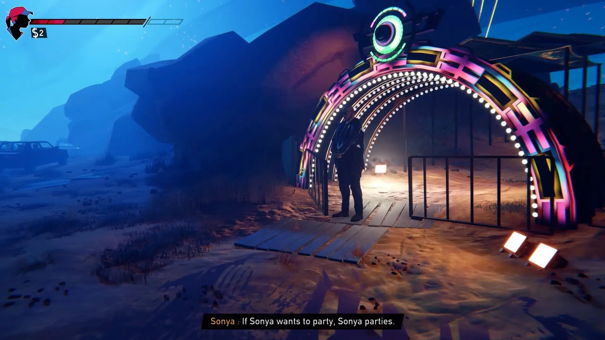 Colorful nightclub entrance at night in Road 96, with neon lights and a mysterious guard standing outside. Secure your Road 96 Steam digital code at RushGame.co for the best price and play instantly