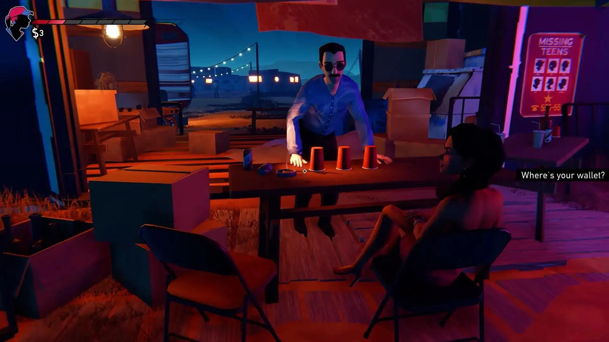 A tense scene from Road 96 where a character faces a street hustler at night, illuminated by orange and blue lights. Discover unforgettable moments and get your Road 96 Steam Key with fast delivery from RushGame.co