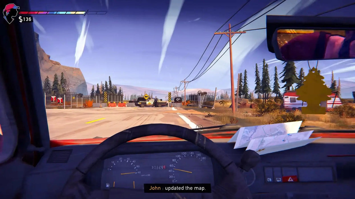 First-person view of a road trip in Road 96, showing a car dashboard, map, and a checkpoint in the distance under a clear blue sky. Buy Road 96 Steam CD Key for instant digital download at RushGame.co and start your adventure today