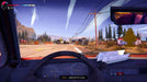 First-person view of a road trip in Road 96, showing a car dashboard, map, and a checkpoint in the distance under a clear blue sky. Buy Road 96 Steam CD Key for instant digital download at RushGame.co and start your adventure today
