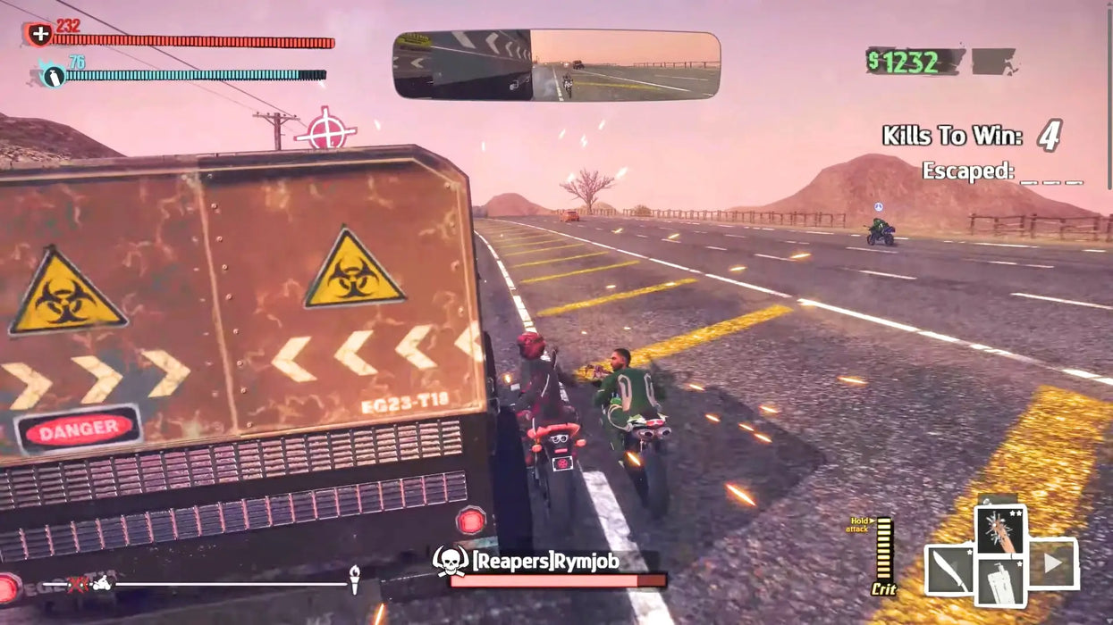 In-game action shot from Road Redemption on Xbox One featuring a heated chase with multiple bikers and biohazard-marked vehicles. Grab your Road Redemption Xbox One game key now at RushGame.co