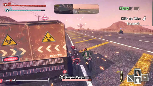 In-game action shot from Road Redemption on Xbox One featuring a heated chase with multiple bikers and biohazard-marked vehicles. Grab your Road Redemption Xbox One game key now at RushGame.co