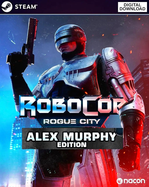 Image shows cover art for Robocop: Rogue City Alex Murphy Edition, featuring Robocop in a futuristic city background with his gun drawn. Buy your Steam key for Robocop: Rogue City Alex Murphy Edition instantly at RushGame.co