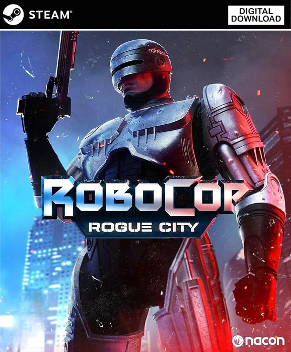 Cover image for RoboCop: Rogue City on Steam, featuring RoboCop standing armed against a neon-lit cityscape. Buy your RoboCop: Rogue City Steam Key at RushGame.co for fast and secure digital delivery