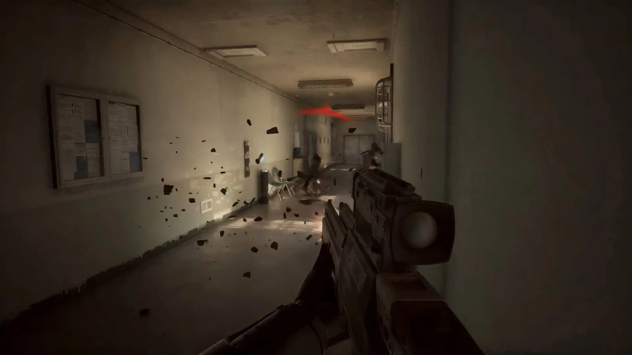 Intense first-person gunfight inside a dimly lit hallway, with debris flying from a wall under heavy fire in RoboCop: Rogue City. Unlock the full adrenaline-pumping gameplay with a Steam CD Key from RushGame.co