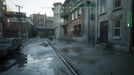 First-person view of a gritty urban alley in RoboCop: Rogue City, showcasing detailed rain-soaked streets and realistic lighting effects. Purchase your authentic RoboCop: Rogue City Steam Key at RushGame.co and experience immersive action