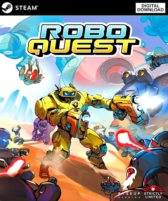 Roboquest Steam CD Key digital cover art showing a vibrant, action-packed scene with a yellow robot hero battling mechanical enemies. Get your official Roboquest Steam game code instantly at RushGame.co