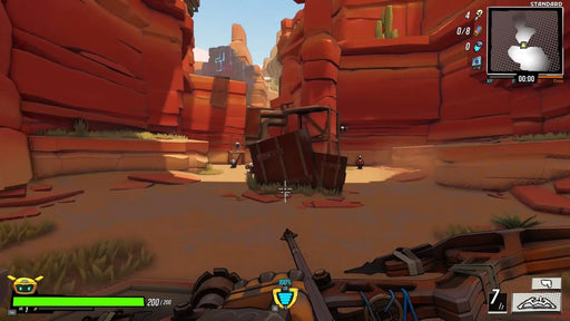 Roboquest in-game screenshot with a first-person perspective, displaying a crossbow in a red rock canyon and multiple enemy robots ahead. Order your Roboquest Steam CD Key now at RushGame.co for instant activation