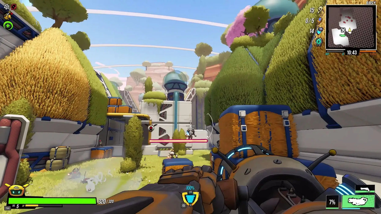 Roboquest gameplay screenshot showing a player in a futuristic, sunlit area aiming at robotic foes, with vivid, cartoon-style graphics. Purchase Roboquest Steam game codes online at RushGame.co