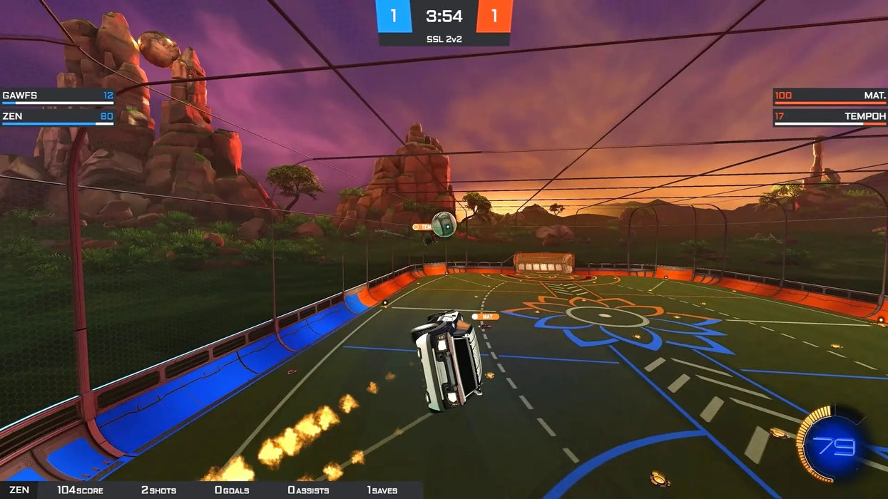 Rocket League Xbox One gameplay featuring two teams competing in a vibrant arena at sunset. Buy Rocket League Xbox One game codes now at RushGame.co for fast, secure digital delivery